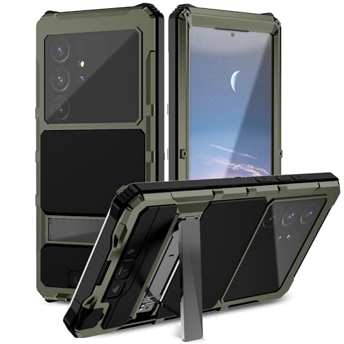 BaiWeiDun Kompatibel mit Samsung Galaxy S24 Ultra 5G Metall Ständer hülle, mit Halterung und Kameraschutz Outdoor Stoßfeste Case Heavy Duty Rugged Case (Grün) von BaiWeiDun