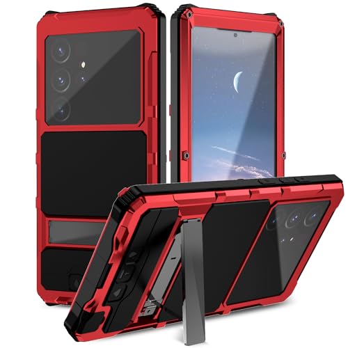 BaiWeiDun Kompatibel mit Samsung Galaxy S24 Ultra 5G Metall Ständer hülle, mit Halterung und Kameraschutz Outdoor Stoßfeste Case Heavy Duty Rugged Case (Rot) von BaiWeiDun