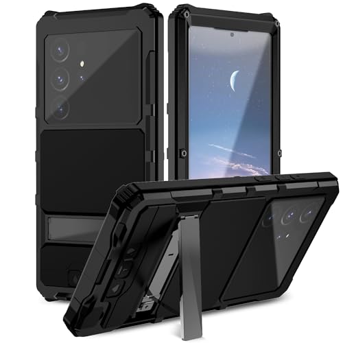 BaiWeiDun Kompatibel mit Samsung Galaxy S24 Ultra 5G Metall Ständer hülle, mit Halterung und Kameraschutz Outdoor Stoßfeste Case Heavy Duty Rugged Case (Schwarz) von BaiWeiDun