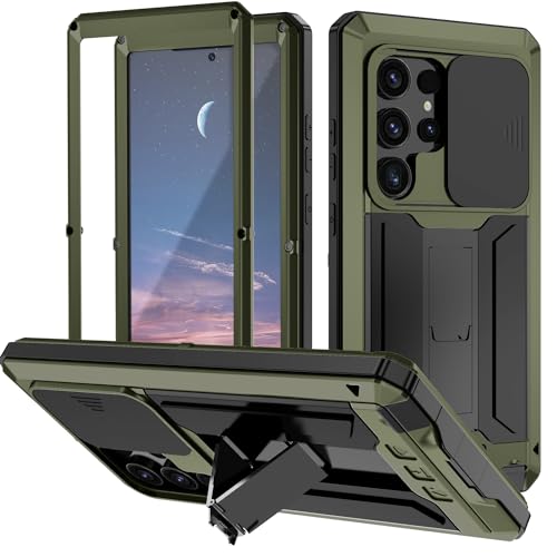 BaiWeiDun Kompatibel mit Samsung Galaxy S24 Ultra 5G Metall Ständer hülle, mit Halterung und Kameraschutz Outdoor Stoßfeste Case Kameraschutz mit Slide Camera (Grün) von BaiWeiDun