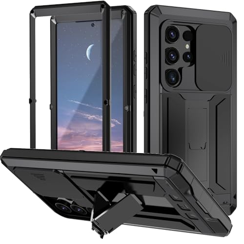BaiWeiDun Kompatibel mit Samsung Galaxy S24 Ultra 5G Metall Ständer hülle, mit Halterung und Kameraschutz Outdoor Stoßfeste Case Kameraschutz mit Slide Camera (Schwarz) von BaiWeiDun