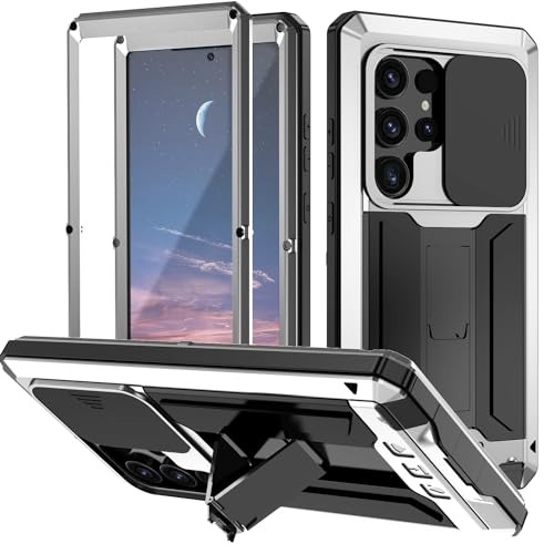 BaiWeiDun Kompatibel mit Samsung Galaxy S24 Ultra 5G Metall Ständer hülle, mit Halterung und Kameraschutz Outdoor Stoßfeste Case Kameraschutz mit Slide Camera (Silber) von BaiWeiDun