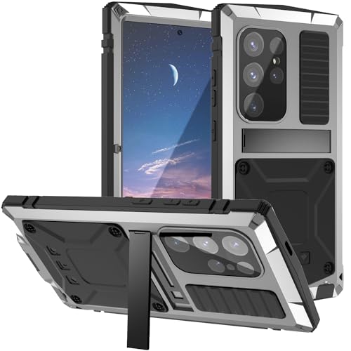 BaiWeiDun Kompatibel mit Samsung Galaxy S24 Ultra 5G Metall Stand Cover hülle, Bumper Silikon Hülle Hybrid Military Shockproof Heavy Duty Rugged Case 【Eingebauter Displayschutz】 (Silber) von BaiWeiDun
