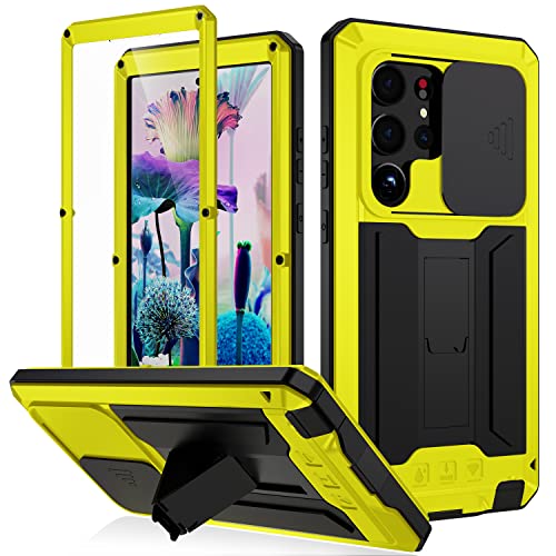 BaiWeiDun Samsung Galaxy S23 Ultra 5G Metall Stand Cover hülle, Bumper Silikon Hülle Hybrid Military Shockproof Heavy Duty Rugged Case 【Eingebauter Displayschutz】 (Gelb) von BaiWeiDun