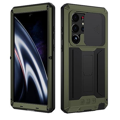 BaiWeiDun Kompatibel mit Samsung Galaxy S23 Ultra 5G Metall Stand Cover hülle, Bumper Silikon Hülle Hybrid Military Shockproof Heavy Duty Rugged Case 【Eingebauter Displayschutz】 (Grün) von BaiWeiDun