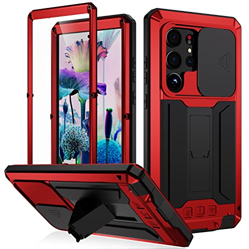 BaiWeiDun Samsung Galaxy S23 Ultra 5G Metall Stand Cover hülle, Bumper Silikon Hülle Hybrid Military Shockproof Heavy Duty Rugged Case 【Eingebauter Displayschutz】 (Rot) von BaiWeiDun