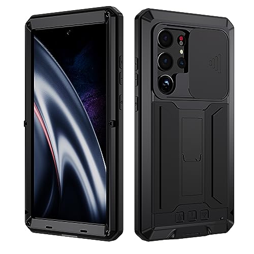 BaiWeiDun Samsung Galaxy S23 Ultra 5G Metall Stand Cover hülle, Bumper Silikon Hülle Hybrid Military Shockproof Heavy Duty Rugged Case 【Eingebauter Displayschutz】 (Schwarz) von BaiWeiDun