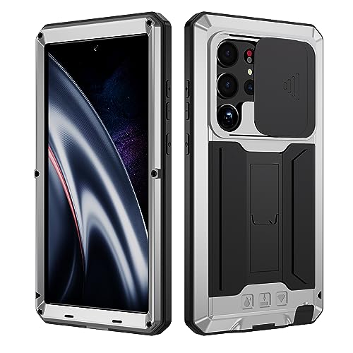 BaiWeiDun Samsung Galaxy S23 Ultra 5G Metall Stand Cover hülle, Bumper Silikon Hülle Hybrid Military Shockproof Heavy Duty Rugged Case 【Eingebauter Displayschutz】 (Silber) von BaiWeiDun