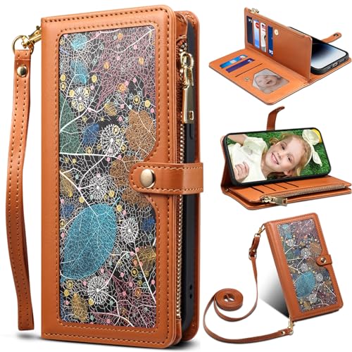 Baifu Brieftasche für Samsung Galaxy A14 5G, Reißverschluss Tasche, Handyhülle und Handschlaufe, Blatt-Muster hülle für Samsung Galaxy A14 5G-Braun von Baifu