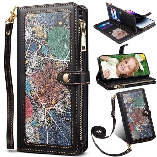 Baifu Brieftasche für Samsung Galaxy A42/M42 5G, Reißverschluss Tasche, Handyhülle und Handschlaufe, Blatt-Muster hülle für Samsung Galaxy A42/M42 5G-Schwarz von Baifu