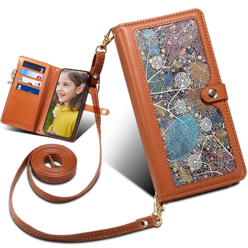 Baifu Brieftasche für Samsung Galaxy M52 5G, Reißverschluss Tasche, Handyhülle und Handschlaufe, Blatt-Muster hülle für Samsung Galaxy M52 5G-Braun von Baifu