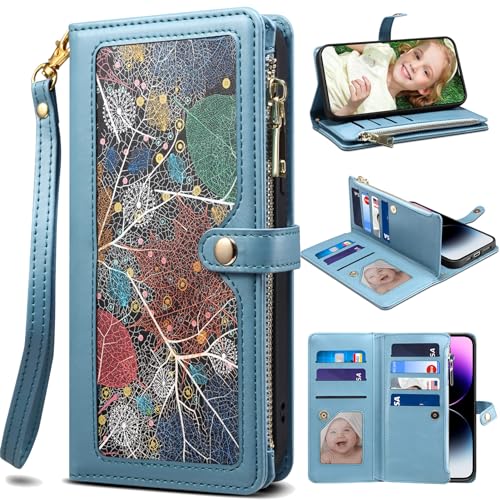 Baifu Handyhülle für iPhone 17 Pro Max, Blatt-Muster Reißverschluss Tasche, Hülle Brieftasche Handytasche Cover für iPhone 17 Pro Max-Blau Baifu Handyhülle für iPhone 17 Pro Max, Blatt-Muster Reißverschluss Tasche, Hülle Brieftasche Handytasche Cover für iPhone 17 Pro Max-Blau von Baifu