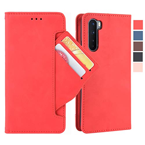 Baifu Lederhülle für OnePlus Nord Hülle, Flip Case Schutzhülle Handy mit Kartenfach Stand und Magnet Funktion als Brieftasche, Tasche Cover Etui Handyhülle für OnePlus Nord, Rot von Baifu