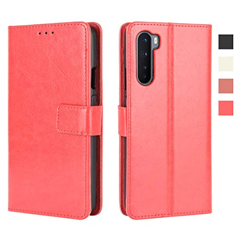 Baifu Lederhülle für OnePlus Nord Hülle, Flip Case Schutzhülle Handy mit Kartenfach Stand und Magnet Funktion als Brieftasche, Tasche Cover Etui Handyhülle für OnePlus Nord, Rot von Baifu