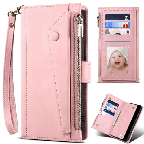 Baifu RFID Blocker Handyhülle für iPhone 17 Pro Max, Reißverschluss Tasche, Hülle Brieftasche Handytasche Cover für iPhone 17 Pro Max-Rosa von Baifu