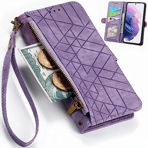 Baifu Zipper Pocket Hülle für iPhone 14, Reißverschluss Tasche Wallet Raster Knopf Phone Case, Card Slot Leather Cover für iPhone 14-04 von Baifu