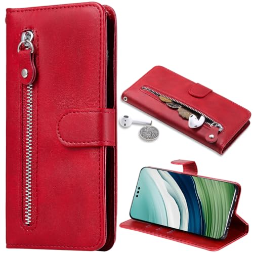 Baifu Zipper Pocket Hülle für iPhone 15 Pro max Cover, Reißverschluss Tasche Wallet iPhone 15 Pro max Phone Case-Rot von Baifu