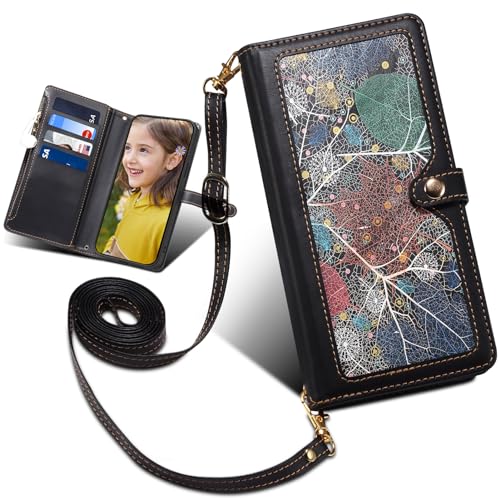 Brieftasche für Samsung Galaxy A15, Reißverschluss Tasche, Handyhülle und Handschlaufe, Blatt-Muster hülle für Samsung Galaxy A15-Schwarz von Baifu