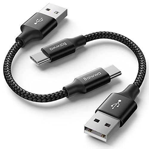 Baiwwa 2Stück USB C Kabel Kurz 30cm, 0.3m USB-A auf USB-C Ladekabel Nylon für Samsung Galaxy S24 S23 S22 S21 S20 S10 S9 Plus, Redmi, Pixel, Android Auto -Schwarz von Baiwwa