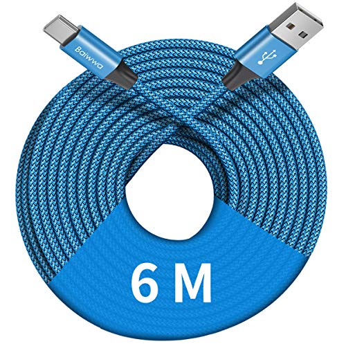 Baiwwa Extra Lang USB C Kabel 6m, Langes Ladekabel USB C Schnellladekabel Nylon für PS5 Controller, Switch, Samsung Galaxy Tab, Tablet, und Mehr USB Typ C -Blau von Baiwwa