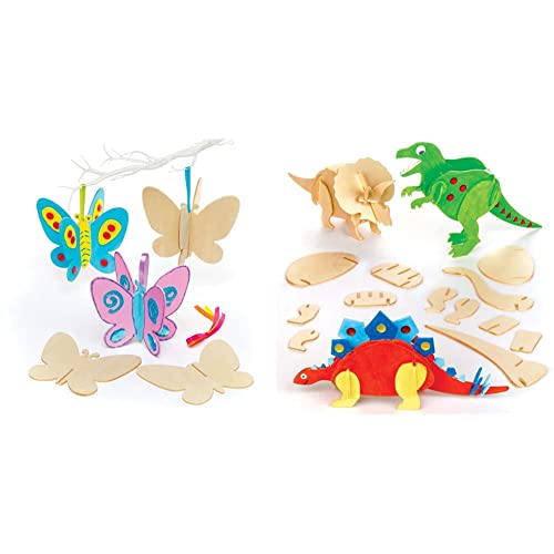 Baker Ross 3D-Schmetterlinge aus Holz für Kinder zum Basteln und Dekorieren – Kreatives Bastelset für Kinder (6 Stück) & EK501 Holzbastelset, Dinosaurier von Baker Ross