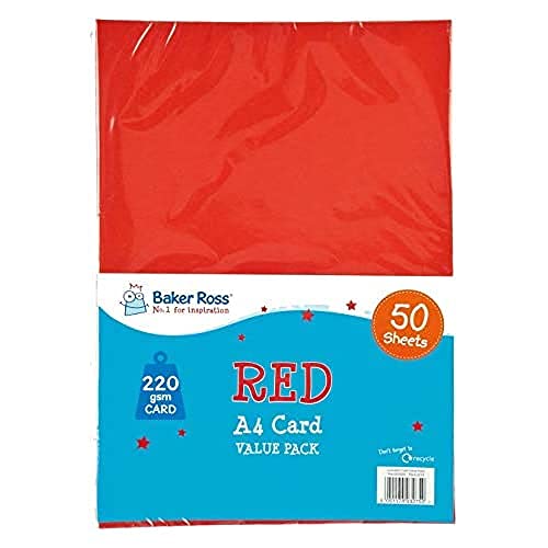 Baker Ross A4 Red Farbige Karte, Kopierkarte für Bastelarbeiten und Dekoration (Packung mit 50, 220 g/m²) von Baker Ross