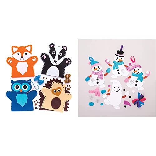Baker Ross AR637 Waldtiere Handpuppen Nähsets für Kinder - 4er Pack & AT160 Weihnachtskugeln Mix & Match Schneemann (6 Stück) Christbaumschmuck Bastelset für Kinder, Sortiert von Baker Ross