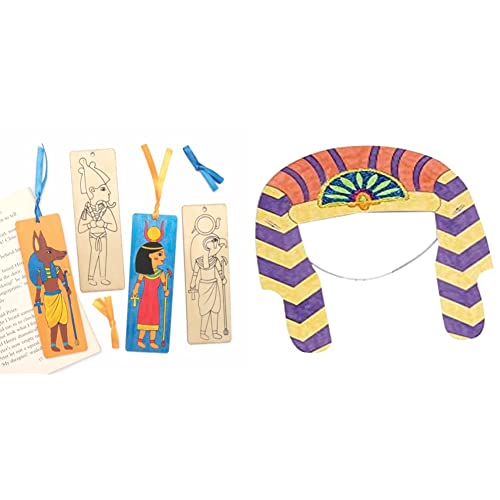 Baker Ross AT853 Lesezeichen aus ägyptischem Holz zum Selbermachen, 8 Stück, sortiert & Pharaonen-Kopfschmuck zum Ausmalen (8 Stück) – für Kinder zum Verzieren und Verkleiden von Baker Ross