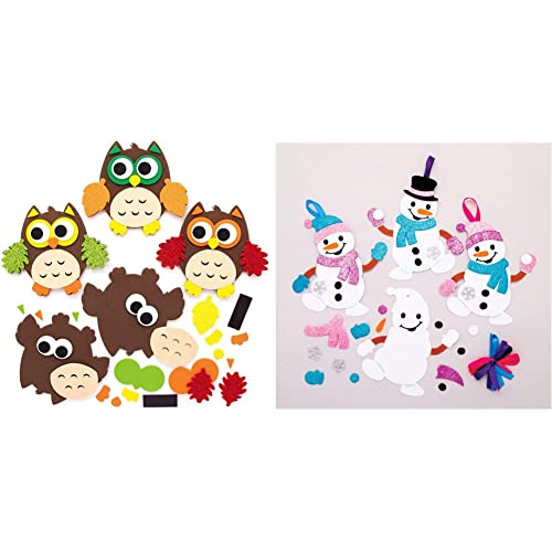 Baker Ross AX161 Herbst Eule Magnete Mix & Match Bastelset für Kinder - 8 Stück & AT160 Weihnachtskugeln Mix & Match Schneemann (6 Stück) Christbaumschmuck Bastelset für Kinder, Sortiert von Baker Ross