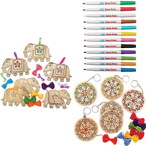 Baker Ross Bastelset für Kreuzstich-Holzanhänger Elefant (5 Stück) Deko Stifte mit feiner Spitze (12 Stück) Schlüsselanhänger-Bastelsets Rangoli aus Holz mit Kreuzstich (5 Stück) von Baker Ross