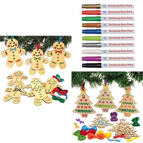 Baker Ross Bastelset für Kreuzstich-Holzanhänger Lebkuchenmännchen (5 Stück) Metallische Mehrzweck Deko Stifte (10 Stück) Bastelset für Kreuzstich-Holzanhänger Weihnachtsbaum (5 Stück) von Baker Ross