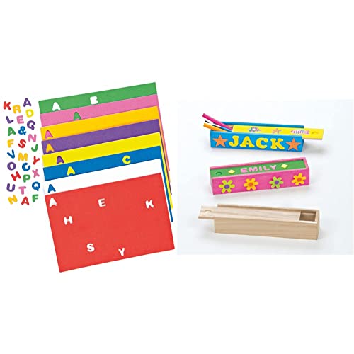 Baker Ross EC170 Großbuchstaben Moosgummi Sticker, Sortiert, 1.5 cm & Bastelset - Stiftebox aus Holz für Schreibwaren - für Kinder zum Basteln und Bemalen - 4 Stück, 20cmx5cmx4cm Baker Ross EC170 Großbuchstaben Moosgummi Sticker, Sortiert, 1.5 cm & Bastelset - Stiftebox aus Holz für Schreibwaren - für Kinder zum Basteln und Bemalen - 4 Stück, 20cmx5cmx4cm von Baker Ross
