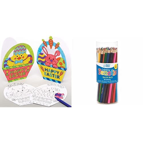 Baker Ross Easter Basket Colour-in Cards (Pack of 10) (AX775) und Farbige Bleistifte im Vorteilspack - Dose mit 60 Stück (AV258) von Baker Ross