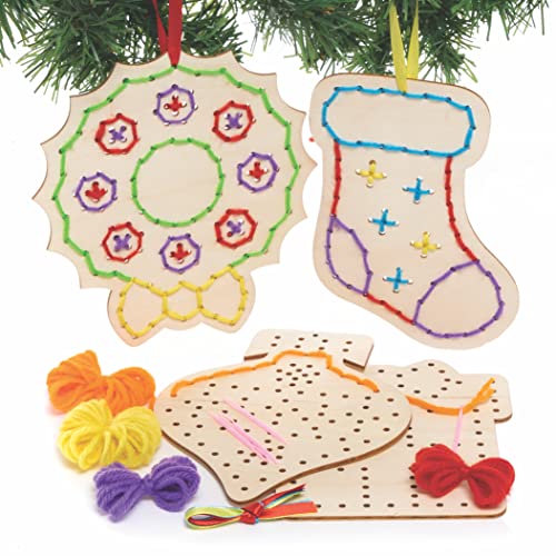 Baker Ross FC244 Weihnachten Kreuzstich Holz Bastelsets für Kinder - 5er Pack, Basteln für Kinder, Einführung Nähen und Kreuzstich für Kinder, pädagogisches Basteln für Kinder von Baker Ross