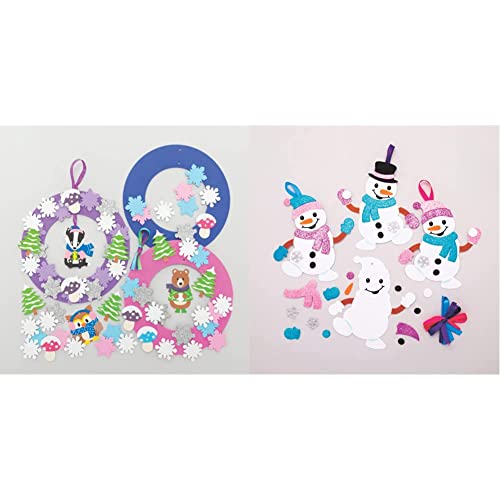 Baker Ross FC291 Winter Waldtier Schaumstoff Kranz Bastelset - 3er Pack, Festliche Kreativsets und Bastelbedarf, Moosgummibastelsets & AT160 Weihnachtskugeln Mix & Match Schneemann (6 Stück) von Baker Ross