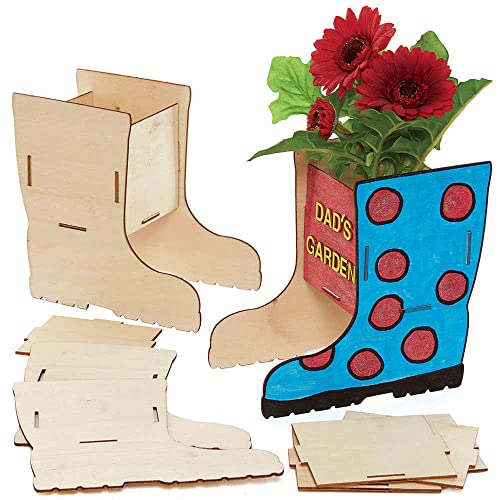 Baker Ross FC734 Gummistiefel Holzbauten Set Blumentopf - 3er Pack, Bastelsets aus Holz für Kinder zum Basteln, zum Bemalen und Dekorieren von Baker Ross