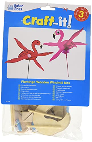 Baker Ross FE144 Flamingo-Windmühlen-Sets aus Holz, 3 Stück, für Kinder-Kunst- und Bastelprojekte, Holzhandwerk für Kinder zum Dekorieren, Personalisieren und Ausstellen von Baker Ross