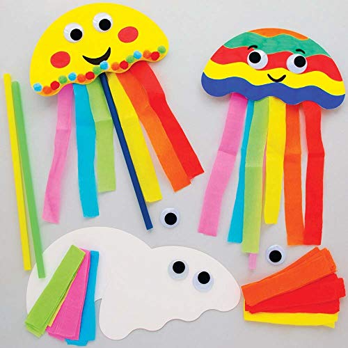 Baker Ross FE235 Quallenpuppen-Set, 8 Stück, bunte Bastelarbeiten für Kinder zum Selberbauen, Regenbogenstäbenfarben, mit Stäben von Baker Ross