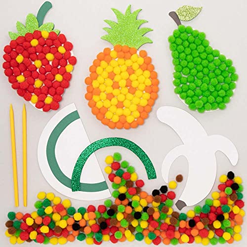 Baker Ross FE478 Früchte Pom Pom Bastelset - 5er Pack, Selbstklebende Karte mit farbigen PomPoms zum Basteln für Kinder von Baker Ross