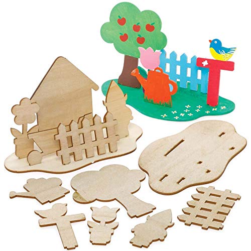 Baker Ross FE518 Bastelset „Im Garten“ aus Holz, Holzbastel-Bausätze für Kinder, Kunst und Handwerksprojekte, 4 Stück von Baker Ross