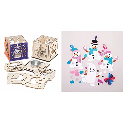 Baker Ross FE662 Zauberer Teelichthalter Bastelset aus Holz - 3er Pack & AT160 Weihnachtskugeln Mix & Match Schneemann (6 Stück) Christbaumschmuck Bastelset für Kinder, Sortiert von Baker Ross