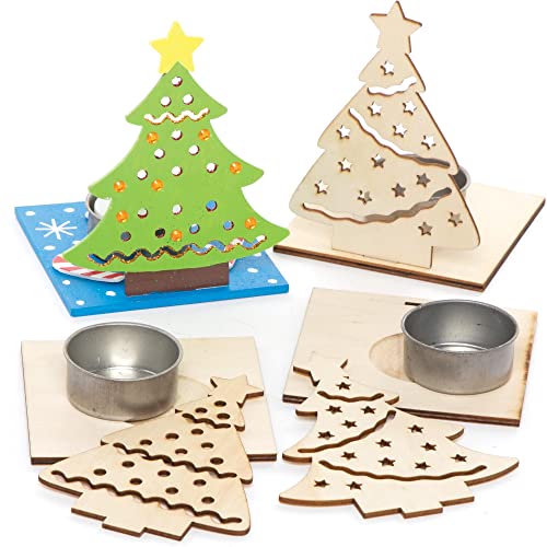 Baker Ross FE908 WeihnachtsbaumTeelichthalter Bastelset aus Holz - 4er Pack, Holzteelichthalter für Kinder zum Basteln und Bemalen, Weihnachtsbastelsets von Baker Ross