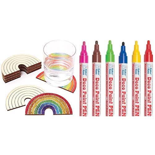 Baker Ross Holzuntersetzer Regenbogen (10 Stück) und Deko-Lackstifte (Packung B) 6 Stück von Baker Ross