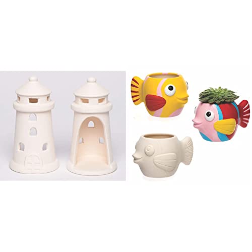 Baker Ross Keramik-Teelichthalter Leuchtturm (4 Stück) Für Kinder zum Bemalen & Keramik-Blumentöpfe „Fisch“ für Kinder zum Bemalen und Dekorieren – Porzellan-Bastelset für Kinder (2 Stück) von Baker Ross
