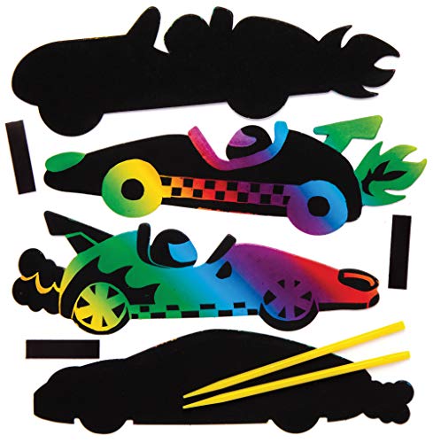 Baker Ross Kratzbild-Bastelsets „Rennwagen“ mit Magneten (10 Stück) – buntes Regenbogen-Kratzpapier – Bastelidee für Kinder von Baker Ross