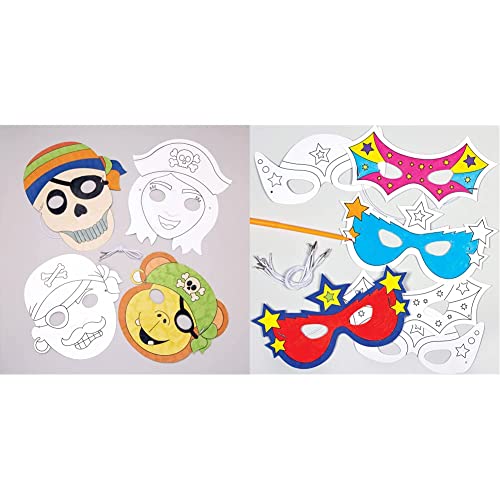 Baker Ross Masken „Piraten“ zum Ausmalen (8 Stück) – Masken mit verschiedenen Piraten für Kinder zum Gestalten und Verkleiden & Masken „Superhelden“ zum Ausmalen (6 Stück) - für Kinder, 25 cm, Weiß von Baker Ross