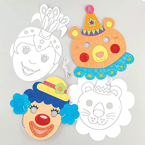 Baker Ross Masken „Zirkus“ zum Ausmalen (8 Stück) – Masken mit verschiedenen Zirkusmotiven für Kinder zum Gestalten und Verkleiden, Weiß von Baker Ross