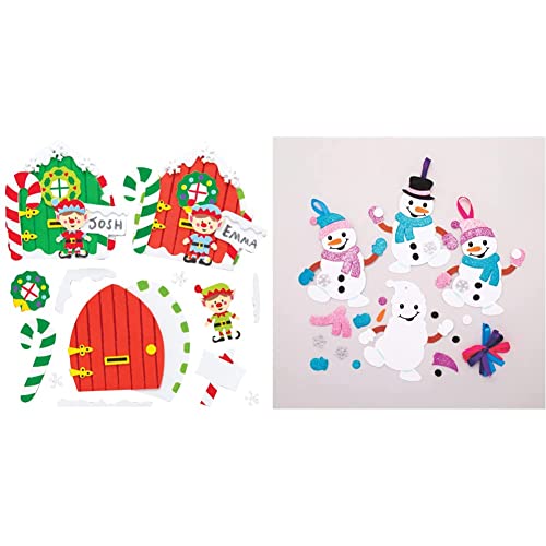 Baker Ross Moosgummi Weihnachtselfen-Tür-Kits - Kreative Weihnachtskunst und Bastelbedarf für Kinder zum Basteln und Dekorieren (4er-Pack) & AT160 Weihnachtskugeln Mix & Match Schneemann (6 Stück) von Baker Ross