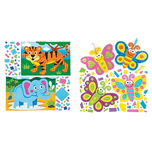 Baker Ross Mosaik-Bastelsets „Dschungeltiere“ (4 Stück) – selbstklebende Mosaike für Kinder, Sortiert & Mosaik-Bastelsets „Schmetterlinge“ (4 Stück) – Selbstklebende Mosaike für Kinder Sortiert von Baker Ross
