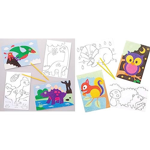 Baker Ross Sandkunstbilder „Dinosaurier“ (8 Stück) – für Kinder zum Verzieren und als Dekoidee, Weiß & AW883 Woodland Animal Sand-Kunstbilder, für Kinder, 8 Stück, Sortiert von Baker Ross